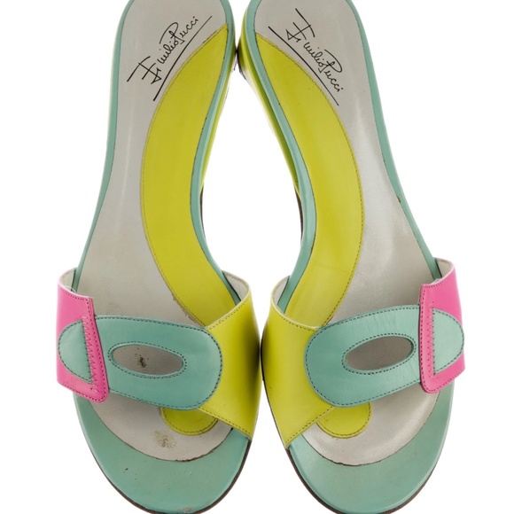 RARE RETRO Emilio Pucci Colorblock Leather Yellow Pink Green Slides Sandals 35 - Picture 3 of 5